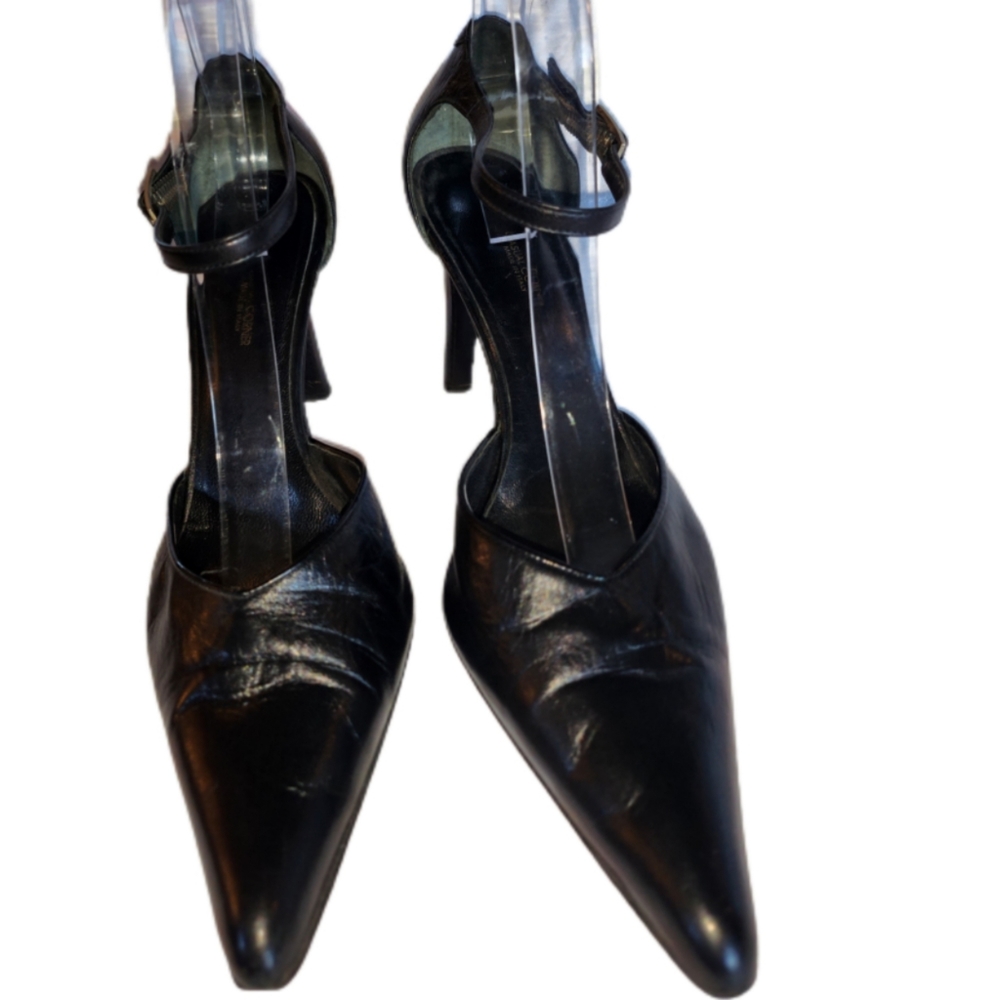 CASUAL CORNER BLACK LEATHER ANKLE STRAP HEELS MADE IN ITALY - Picture 6 of 11
